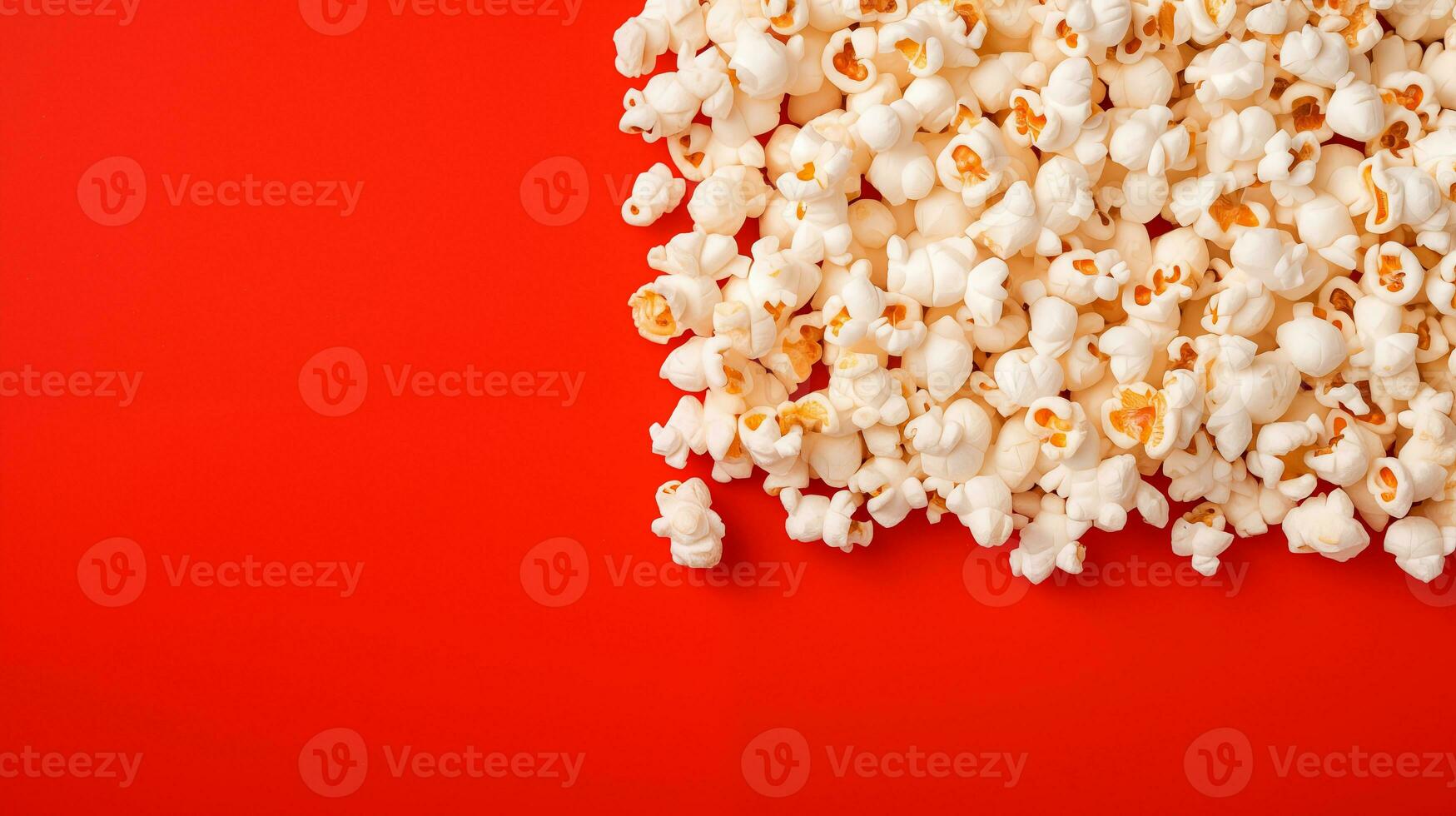 ai generiert Popcorn verstreut auf ein rot Hintergrund. ein klassisch Film Theater Snack. Aussicht von über. ai generativ. ai foto