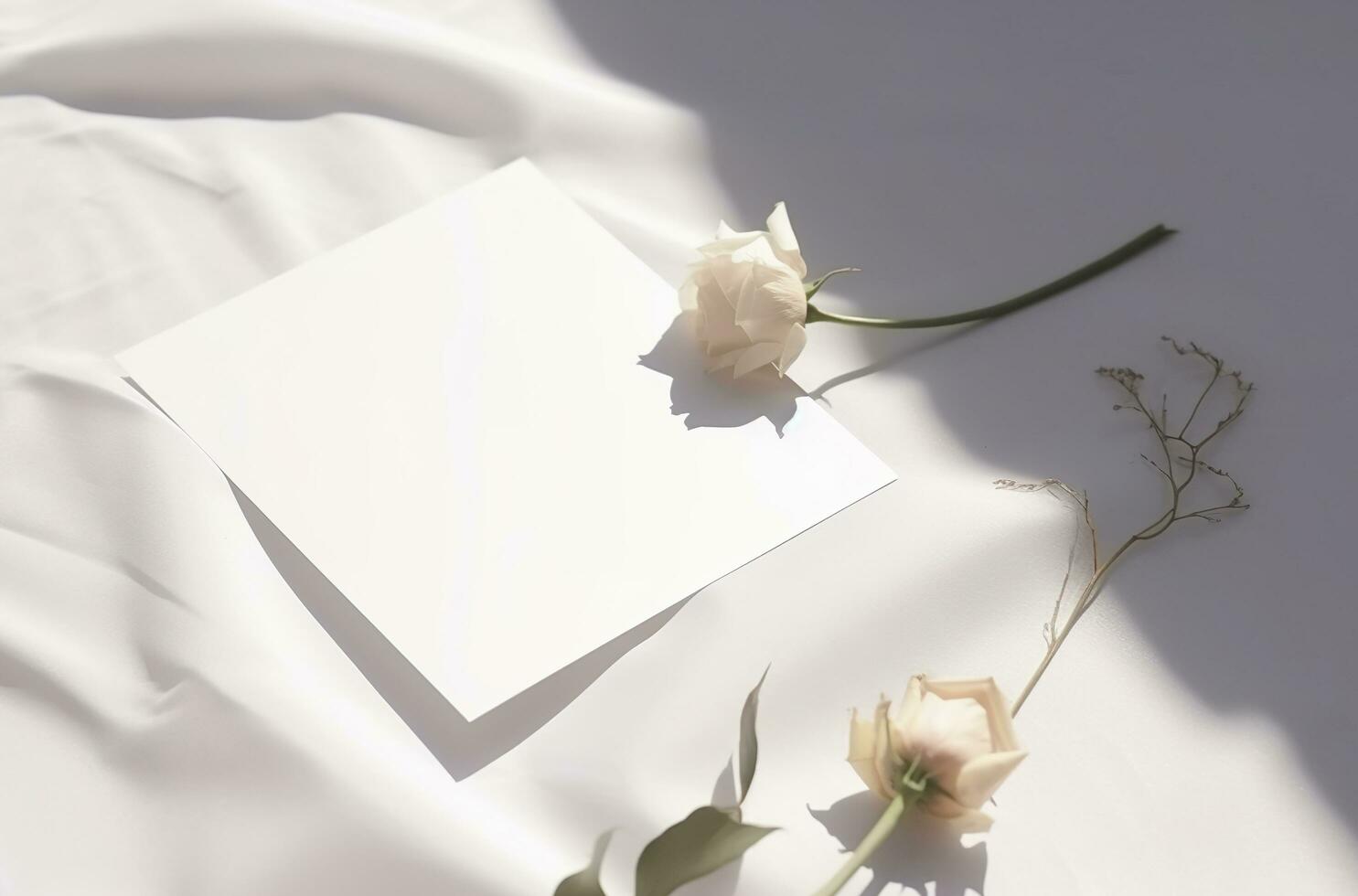 ai generiert leer Hochzeit Einladung Karte spotten oben mit natürlich Blume zum dekoriert auf Weiß Hintergrund, minimal Design foto