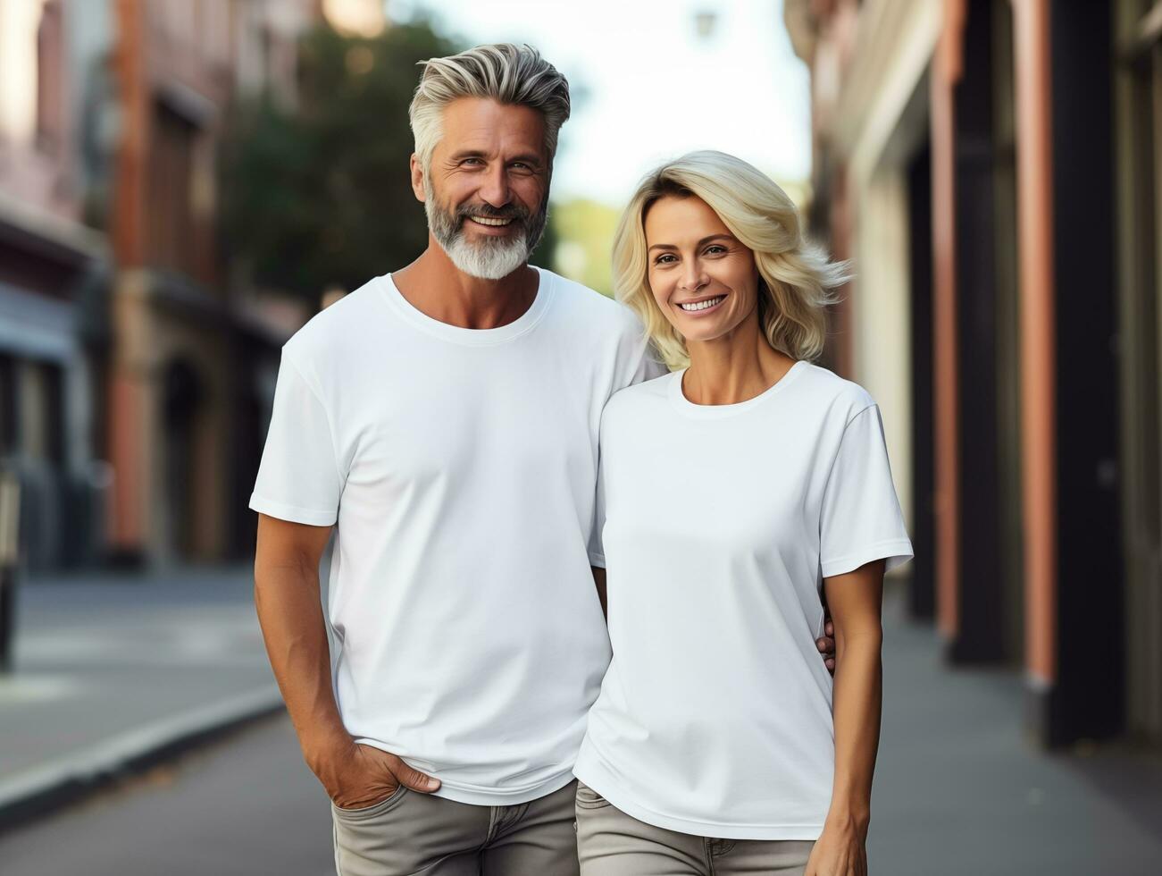 ai generiert ein Senior Paar tragen Weiß passend T-Shirts Attrappe, Lehrmodell, Simulation zum Design Vorlage foto