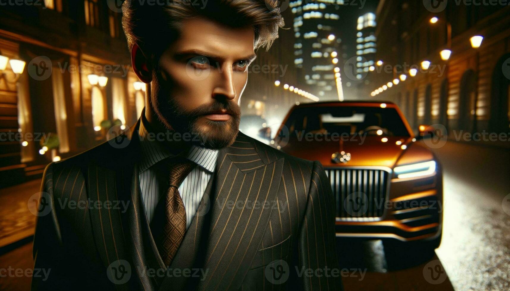 ai generiert Scharf gekleidet Mann mit Luxus Auto inmitten Stadt Beleuchtung foto