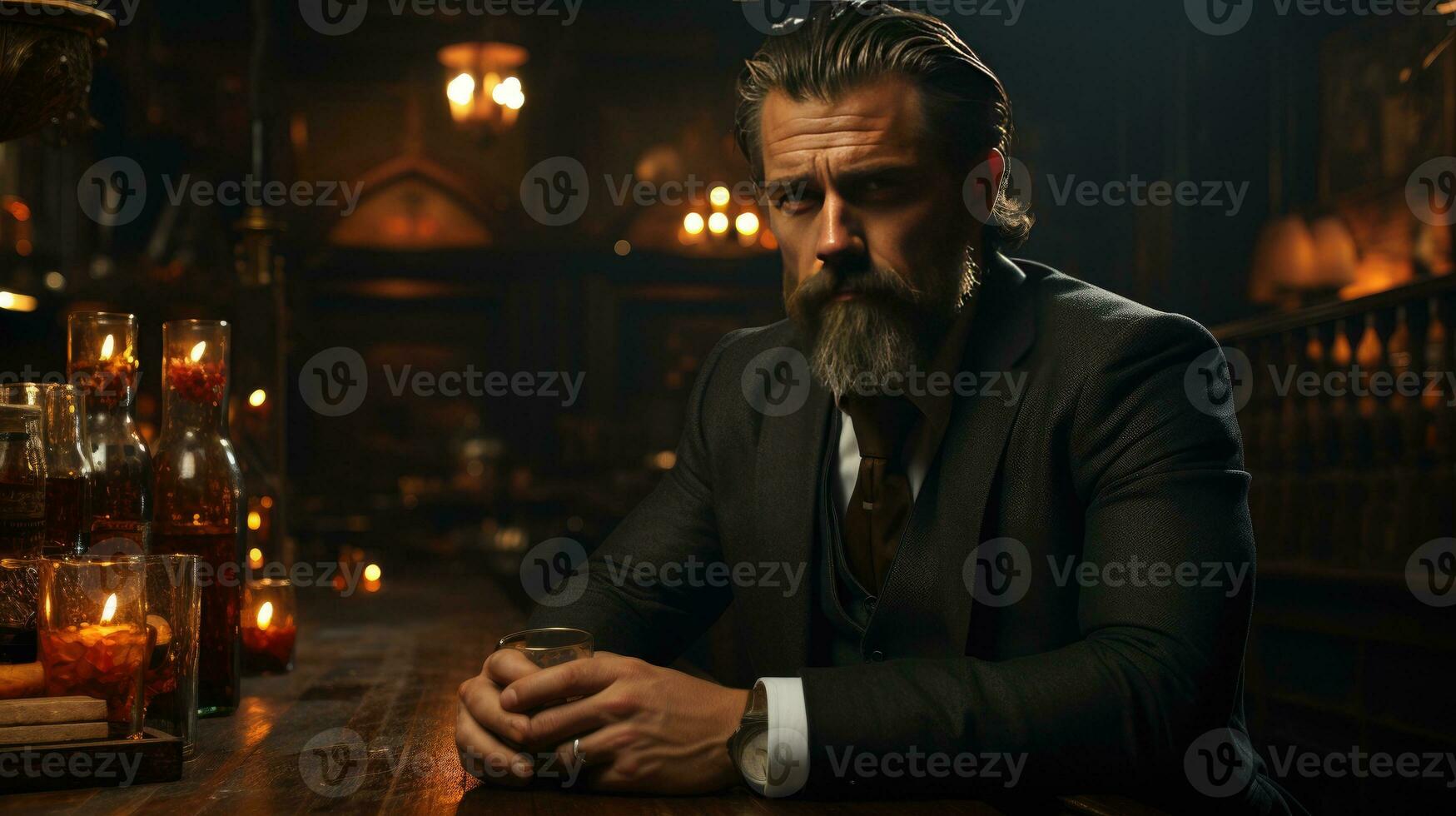 elegant Gentleman spiegelt im Umgebungs Jahrgang Bar Rahmen foto