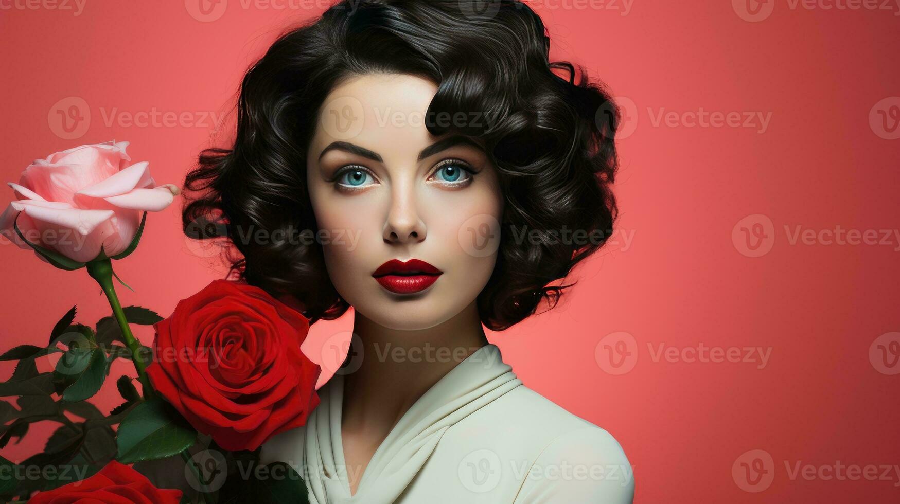 rätselhaft Schönheit halten rot Rose im strahlend Eleganz foto