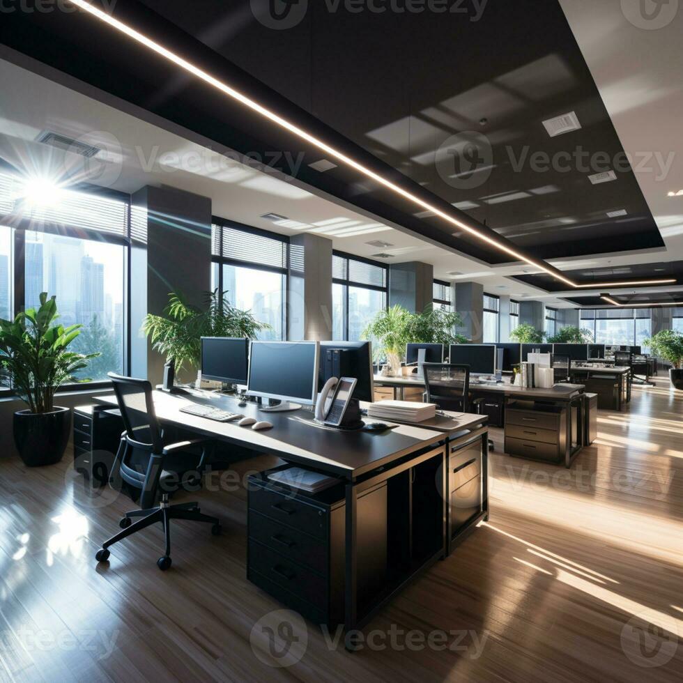 ai generiert Innere Design modern kreativ Büro Foyer, korporativ öffnen Arbeitsplatz, co Arbeiten Büro Zimmer foto