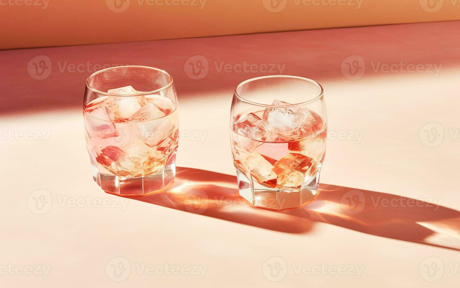 ai generiert zwei Cocktail Brille mit Eis Würfel und schwer Schatten. Getränk Foto mit leeren Raum zum Text.
