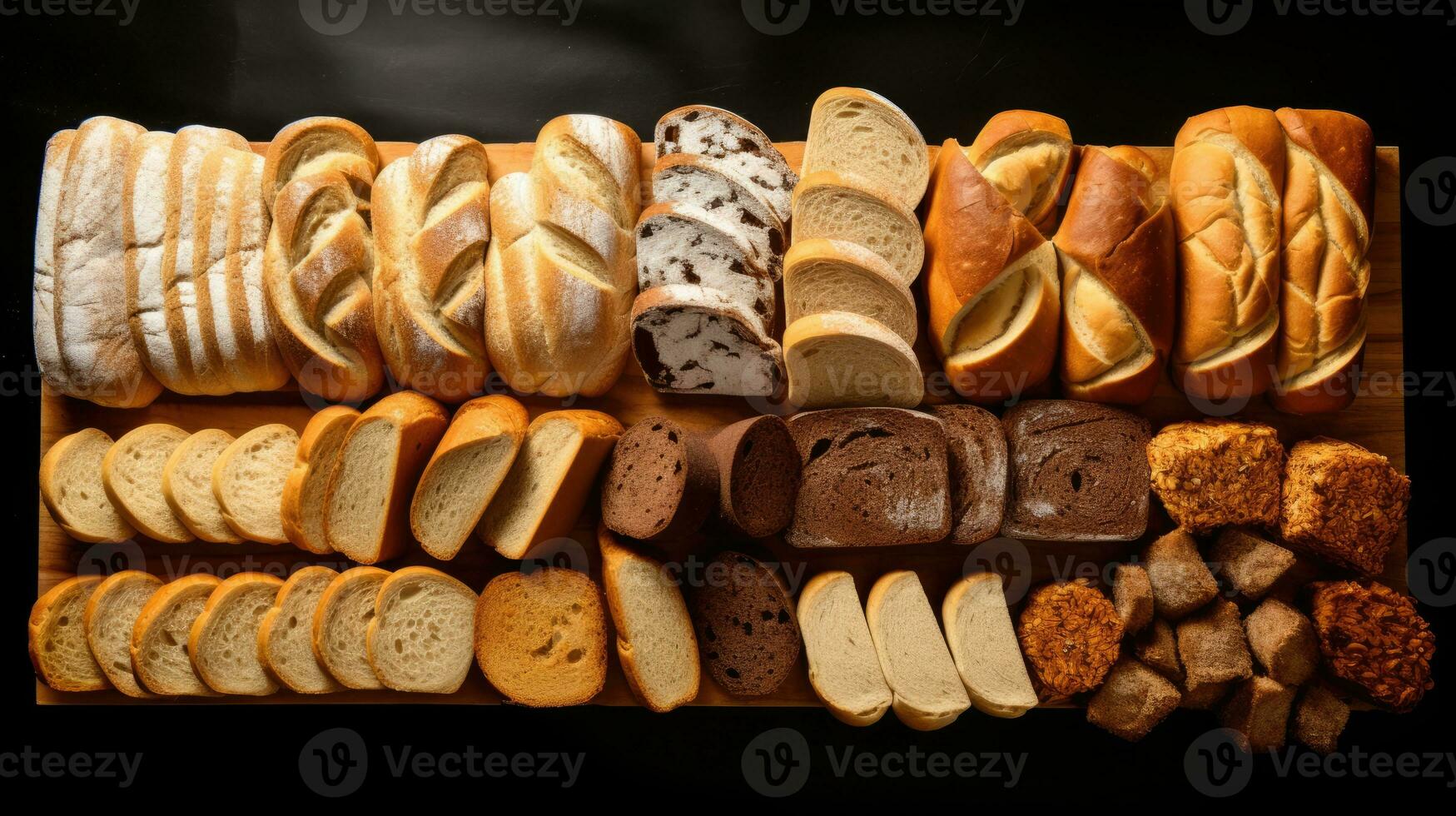 ai generiert Mehl braun Mahlzeit Backen Brot Französisch Weizen gesund Kruste frisch anders Roggen Laib foto