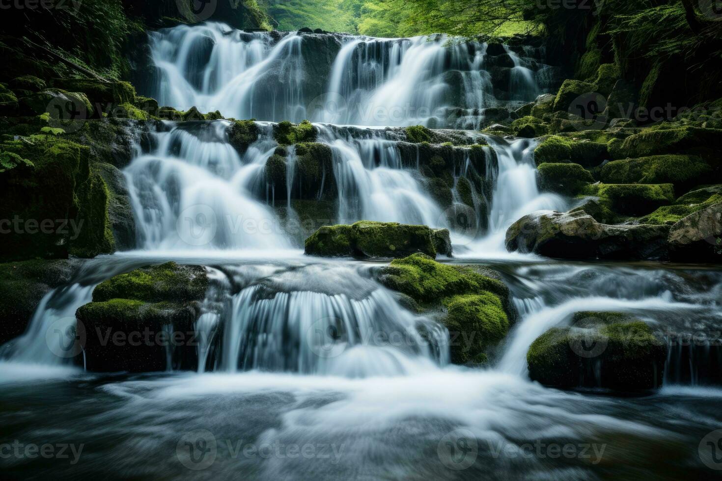 ai generiert fließend Wasser Landschaft Kaskade Grün Frühling Schönheit szenisch Wald Fluss Wasserfall foto