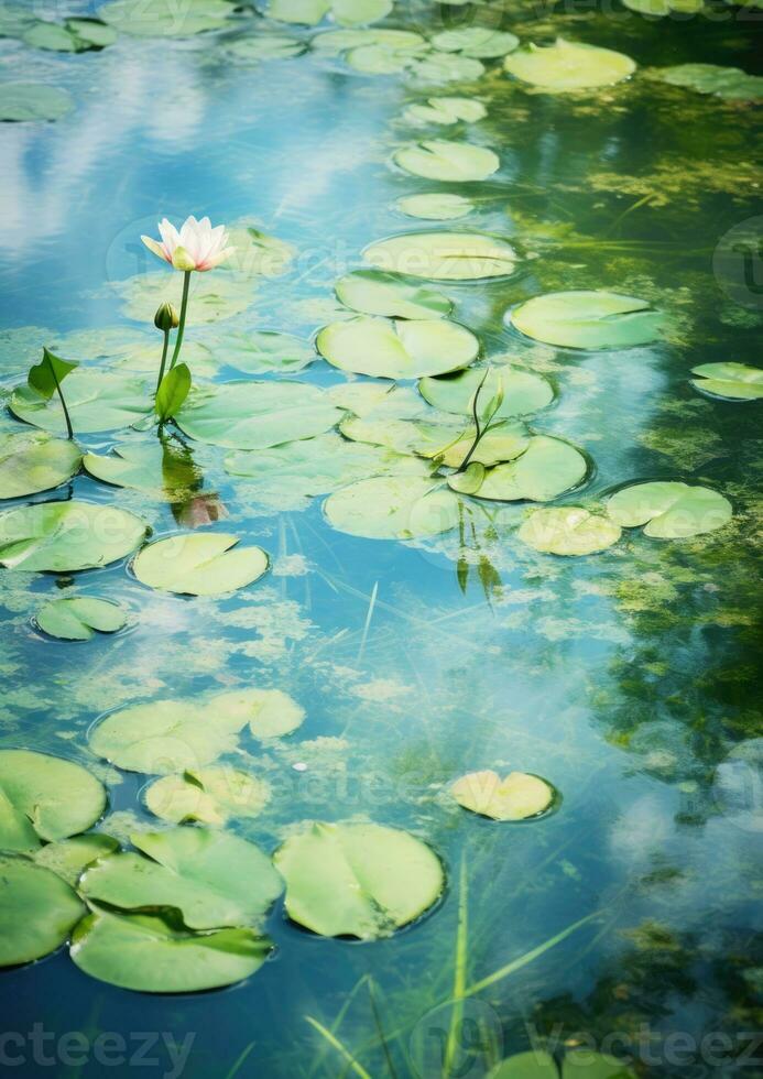ai generiert Blühen Sommer- Schönheit Blatt Wasser- Grün Blume Wasser See Blumen- Lilie Lotus Weiß foto