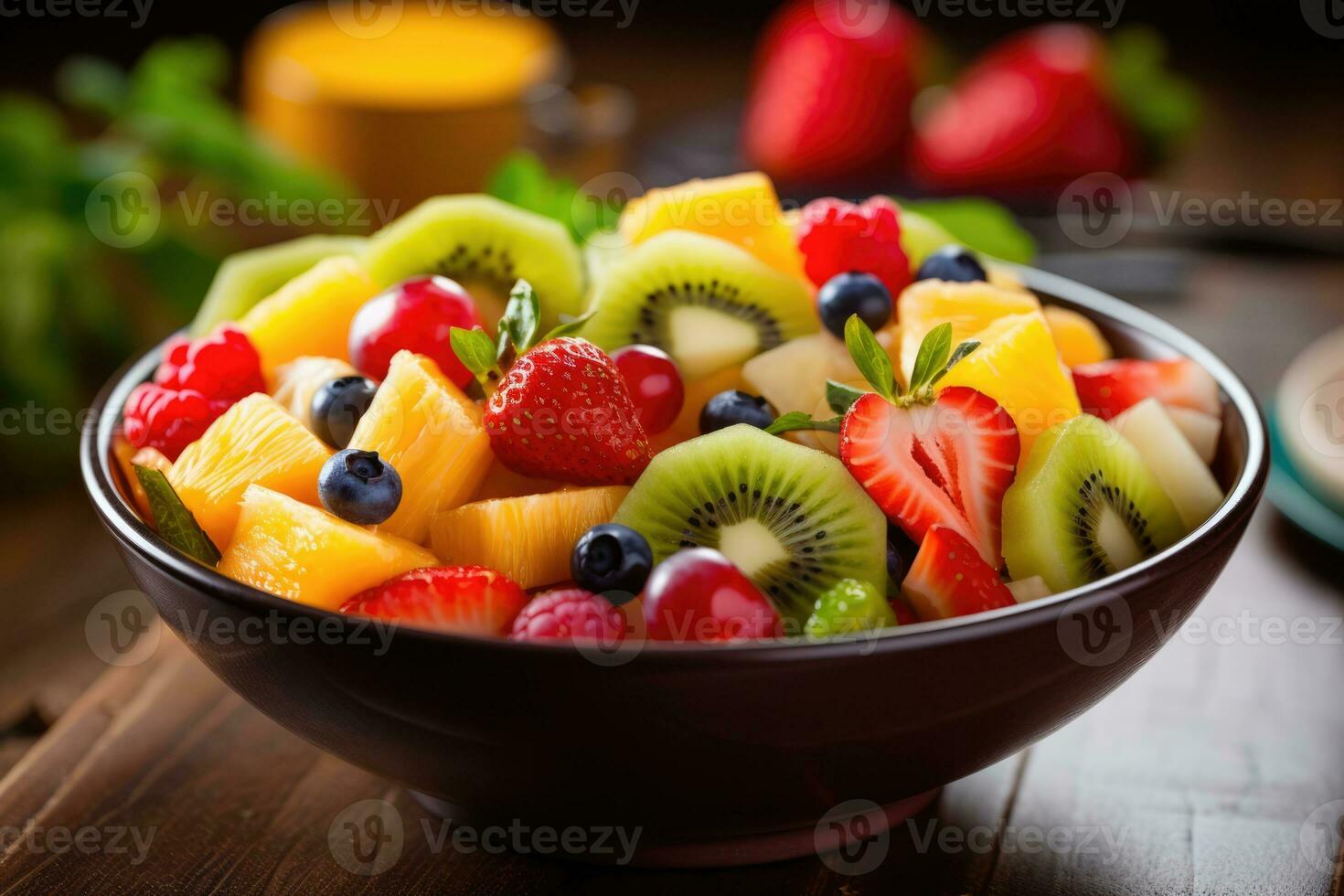 ai generiert organisch Dessert bunt Schüssel Kiwi Frühstück köstlich gesund Salat Vegetarier Süss foto