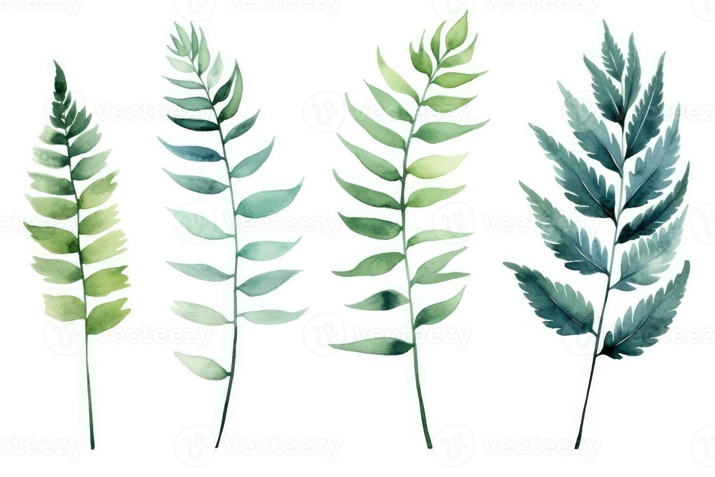ai generiert Grün Blätter Sommer- Frühling exotisch einstellen botanisch Design Laub Hintergrund dekorativ foto
