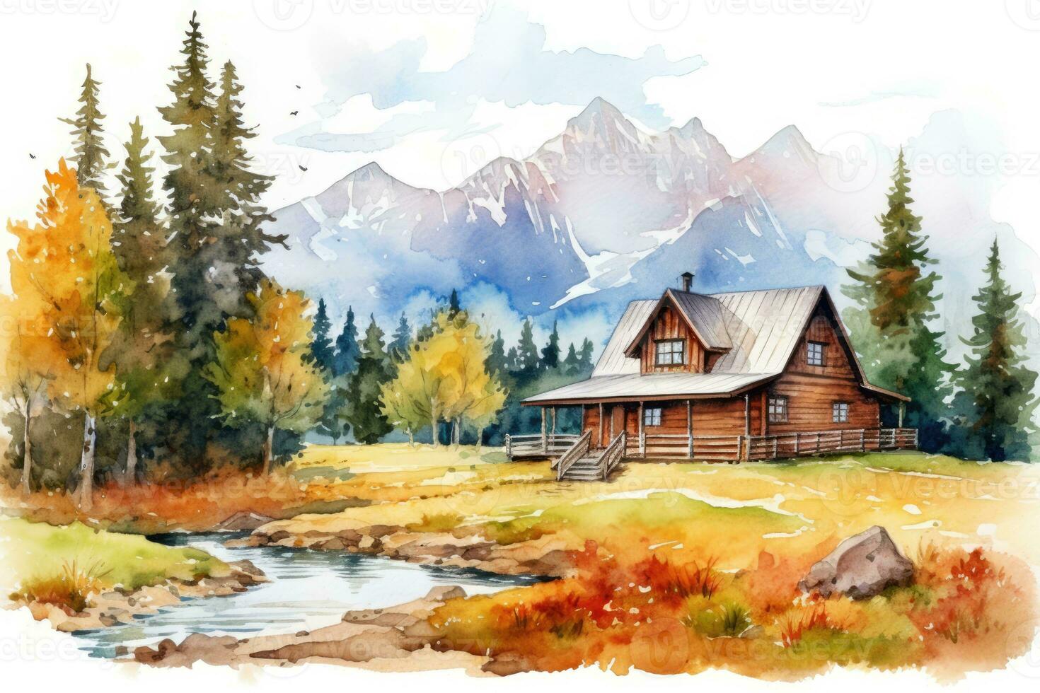 ai generiert ländlich Berge Natur Himmel Haus Bäume Landschaft Grün Gras Reise Aquarell Sommer- foto