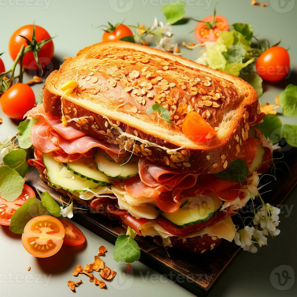 ai generiert Sandwich mit Avocado und Gemüse, schnell Snack - - ai generiert Bild foto