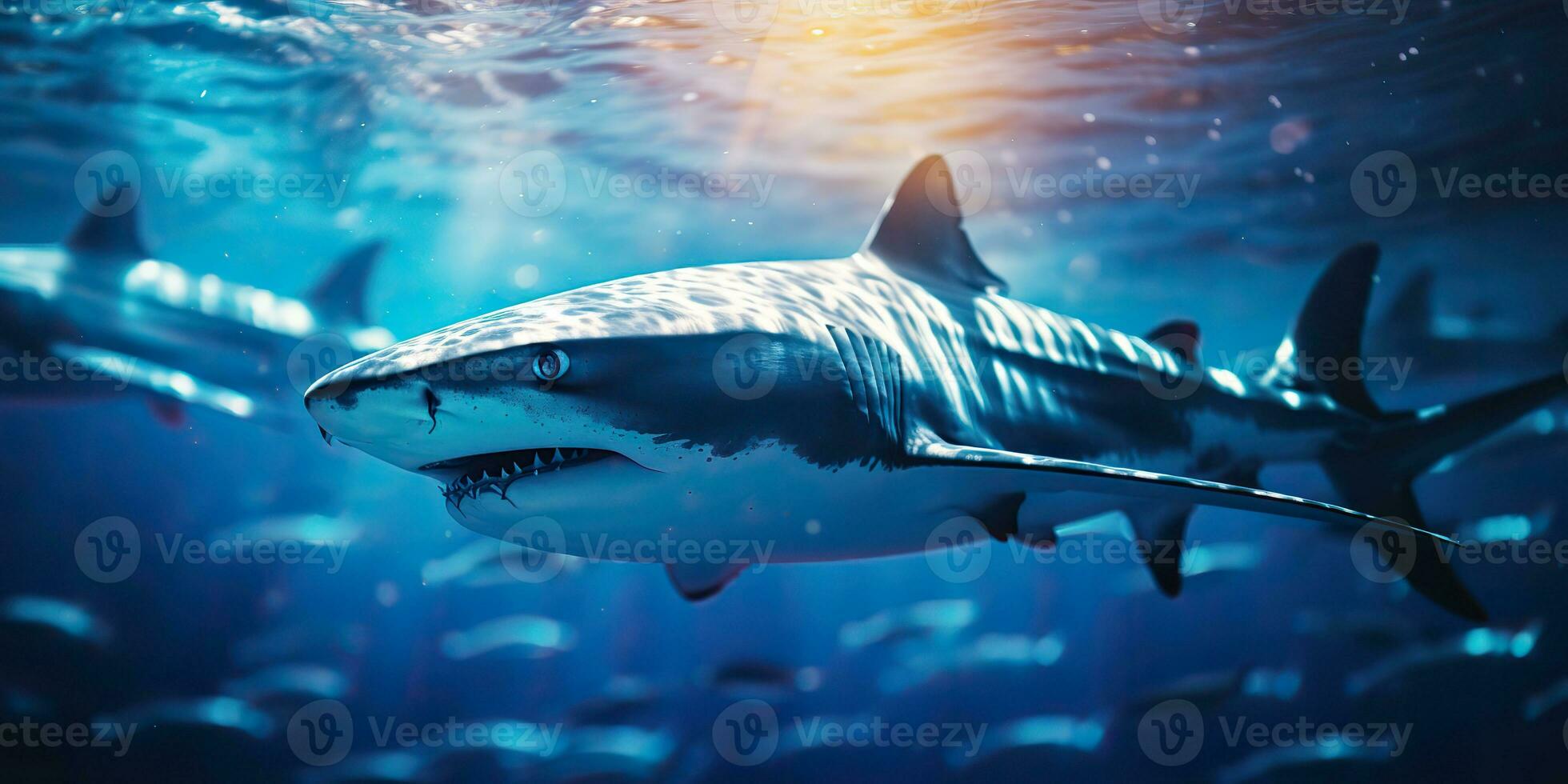 ai generiert wild Leben unter Wasser Natur draussen Meer Ozean groß Fisch Blau Hai Hintergrund. tief tauchen Tauchen Tauchen Jäger Tier foto