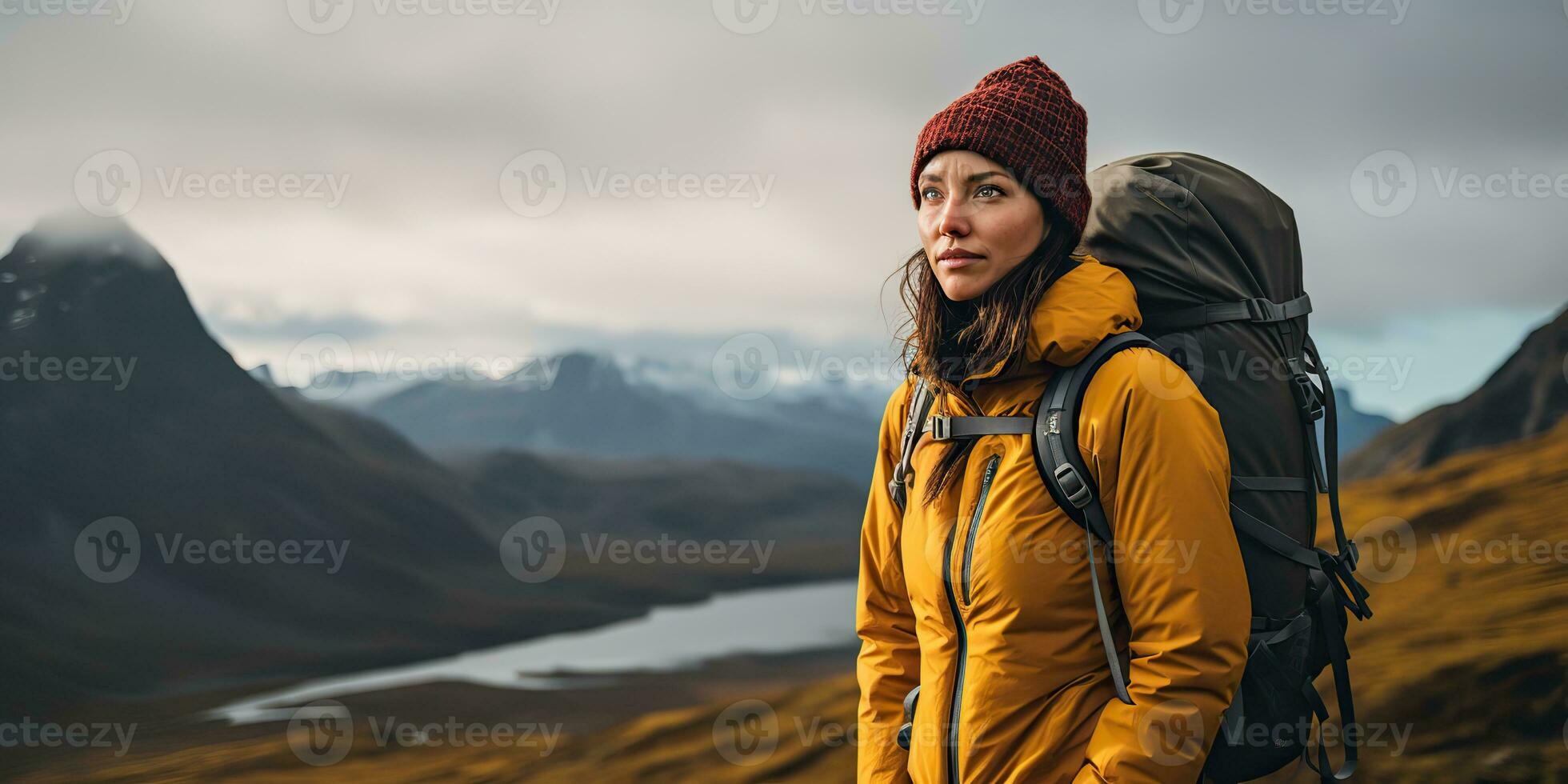 ai generiert weiblich Mädchen Frau Wanderer Verfolgung Natur draussen Abenteuer erkunden Berg Landschaft Ausflug Erkundung Motivation. Grafik Kunst foto