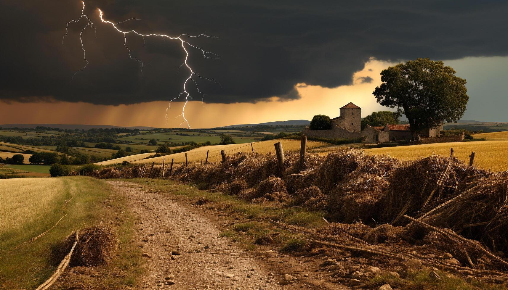 ai generiert dramatisch Himmel, dunkel Nacht, Gewitter, majestätisch Berge, nass Gras generiert durch ai foto