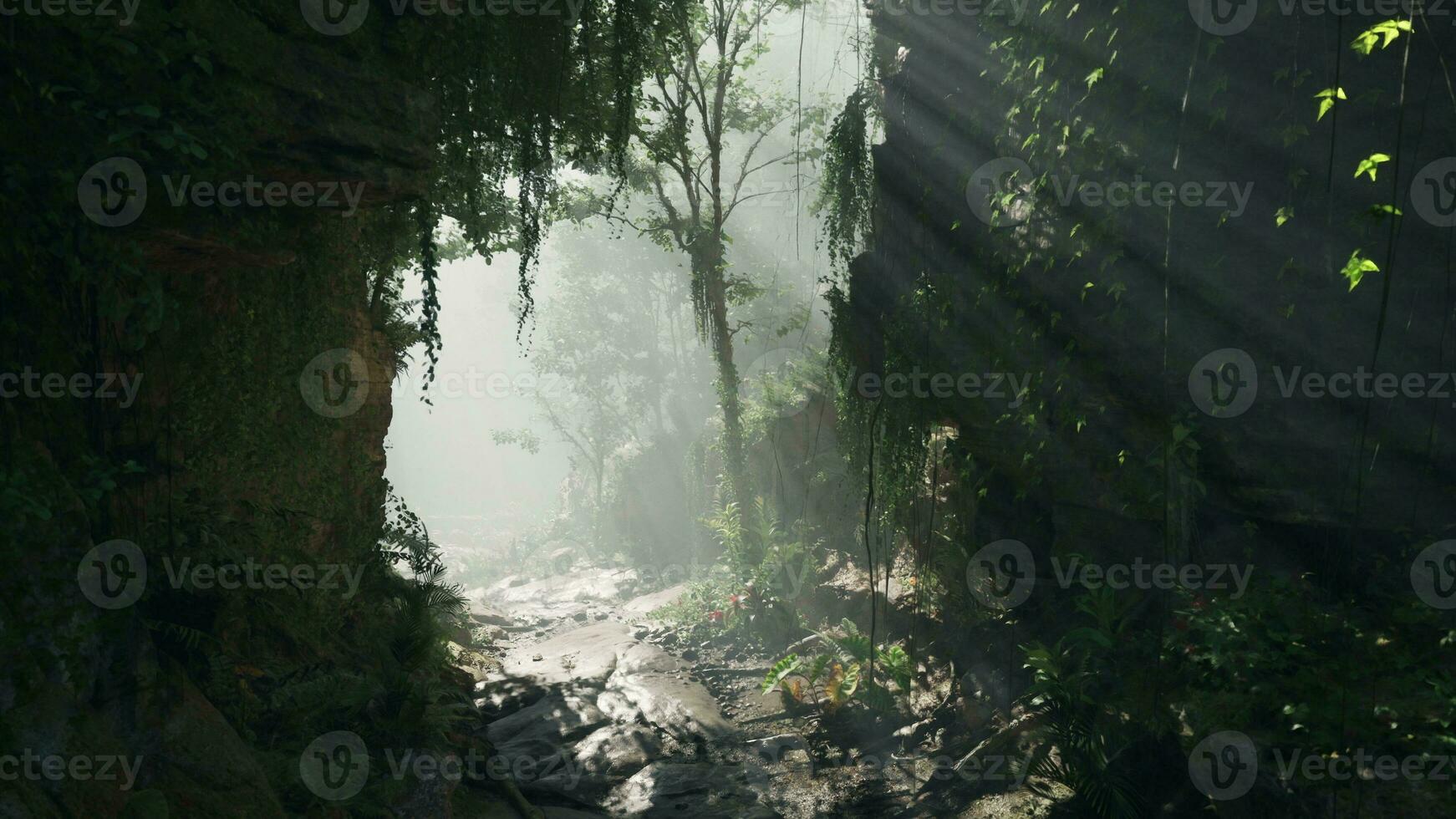 ein heiter Strom fließend durch ein beschwingt Grün Wald foto