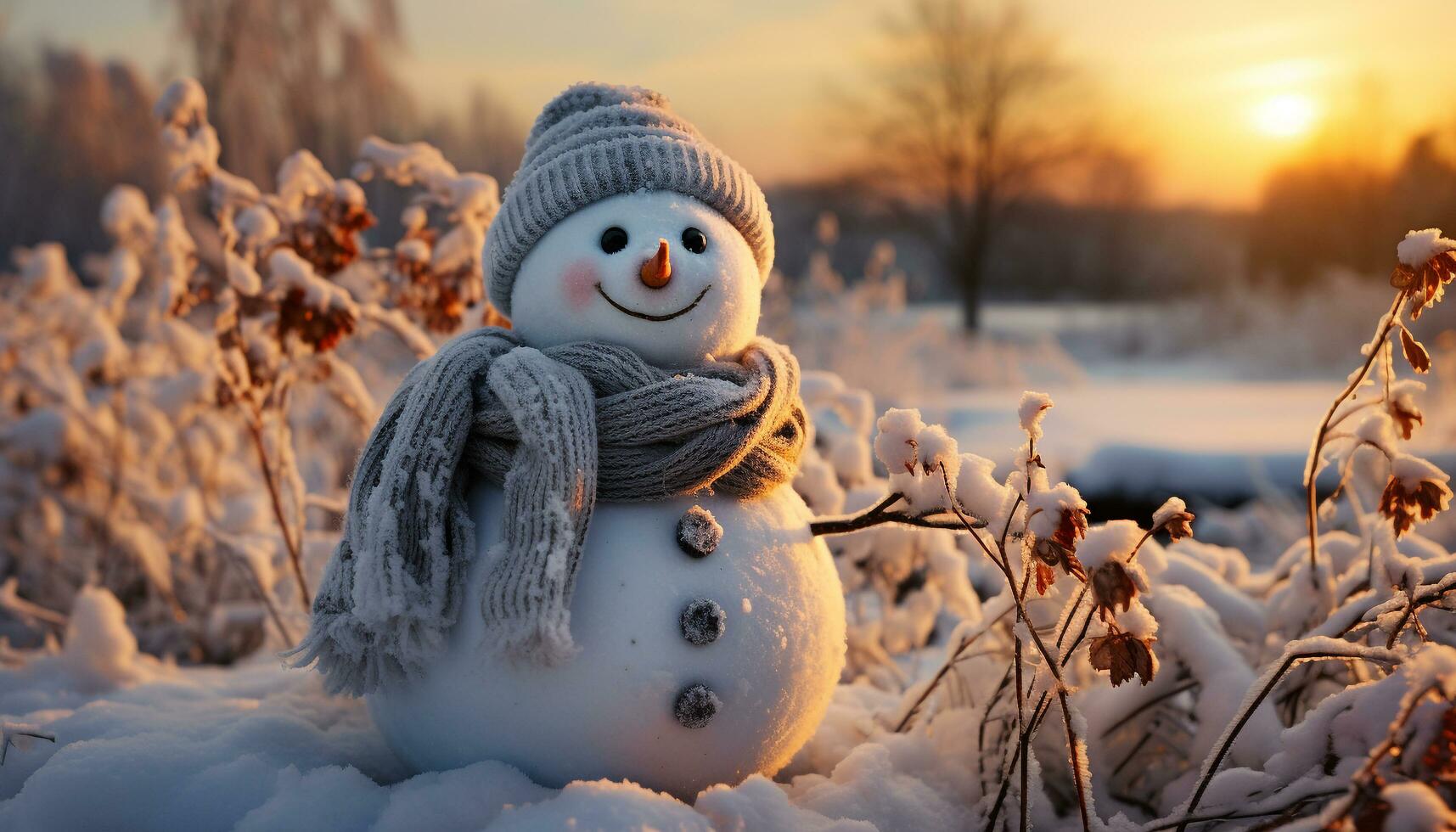 heiter Schneemann lächelnd, spielen im Winter Wald mit Schneeball generiert durch ai foto