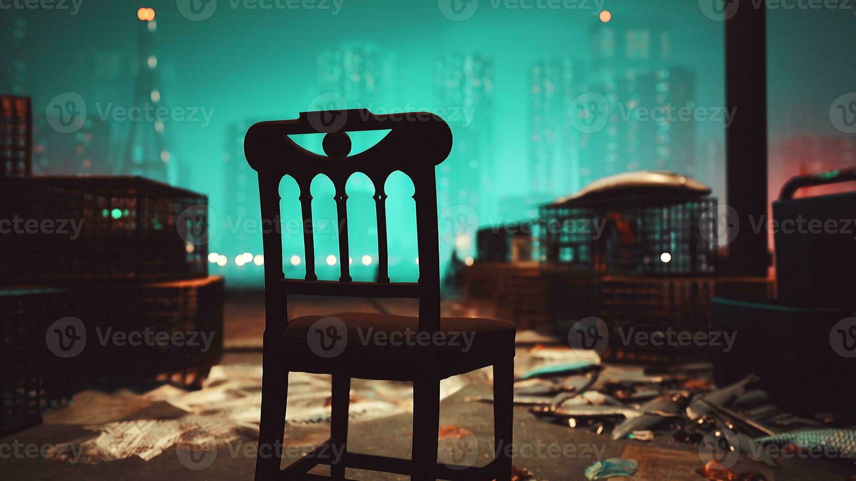 ein hölzern Stuhl Sitzung auf oben von ein schmutzig Fußboden foto