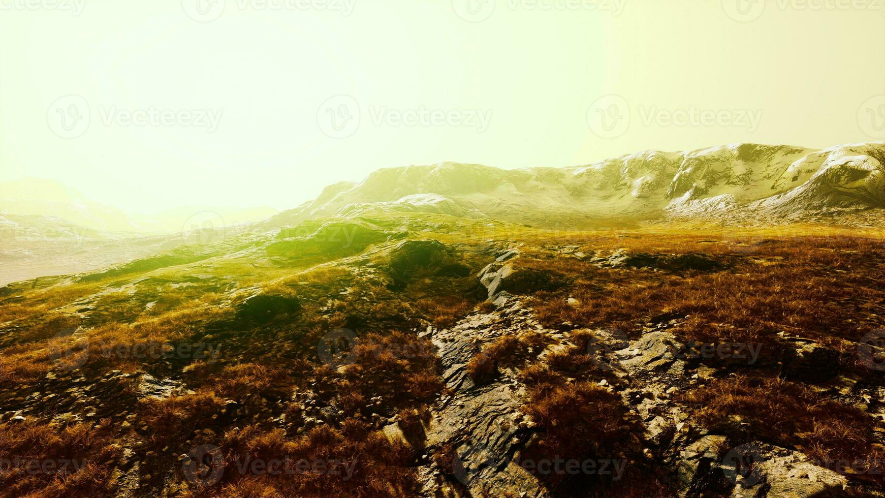 ein atemberaubend Berg Landschaft mit üppig Grün Gras und robust Felsen foto