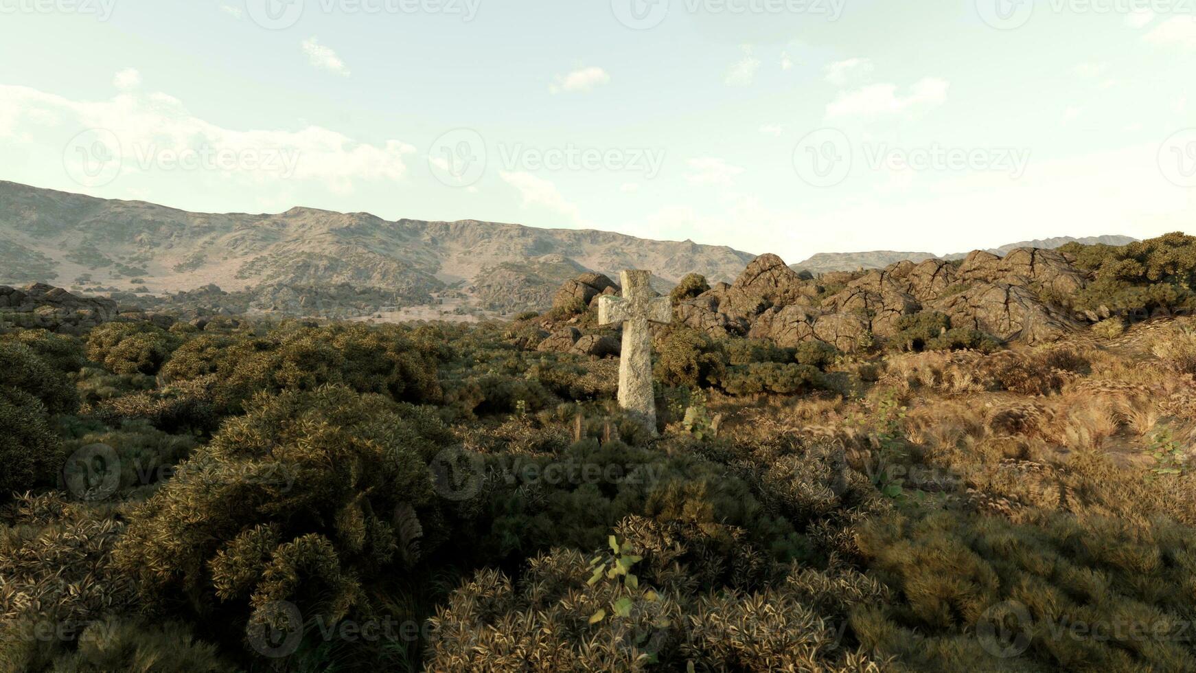 ein Berg Angebot mit ein heiter Friedhof Kreuz eingebettet unter das Bäume foto
