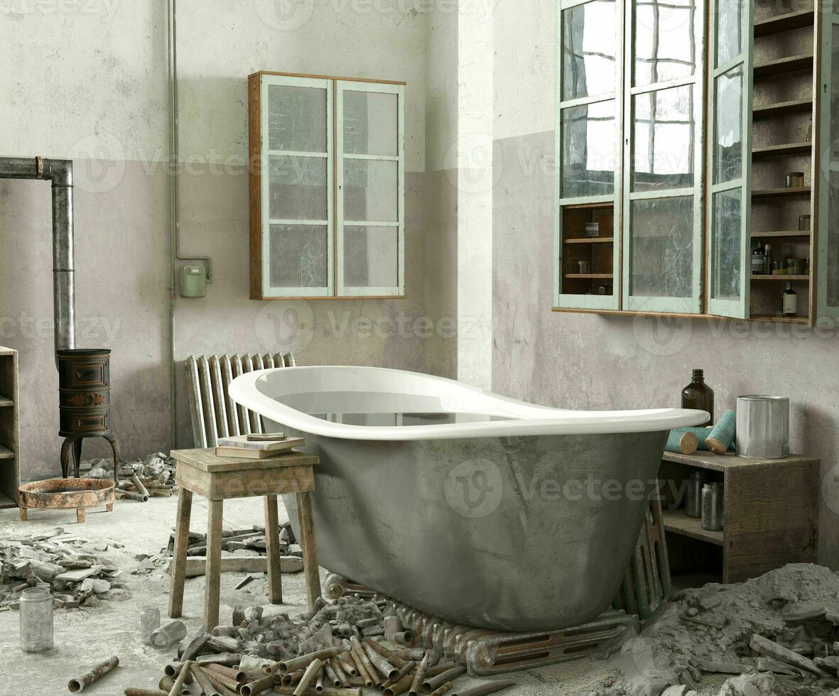 ein Badewanne im ein baufällig verlassen Zimmer foto