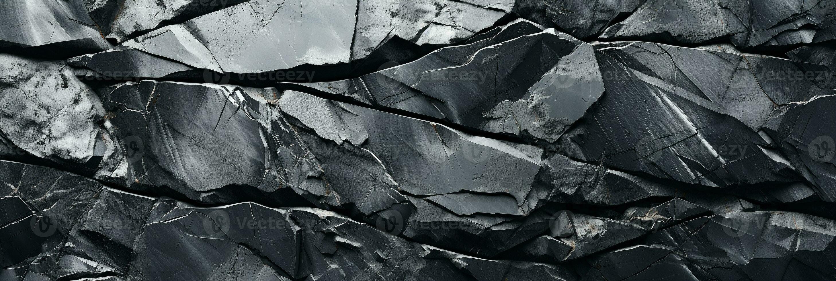 ai generiert schwarz Stein Textur mit Risse. Panorama- Grunge abstrakt natürlich Granit Marmor dunkel grau Felsen Hintergrund mit Kopieren Raum foto