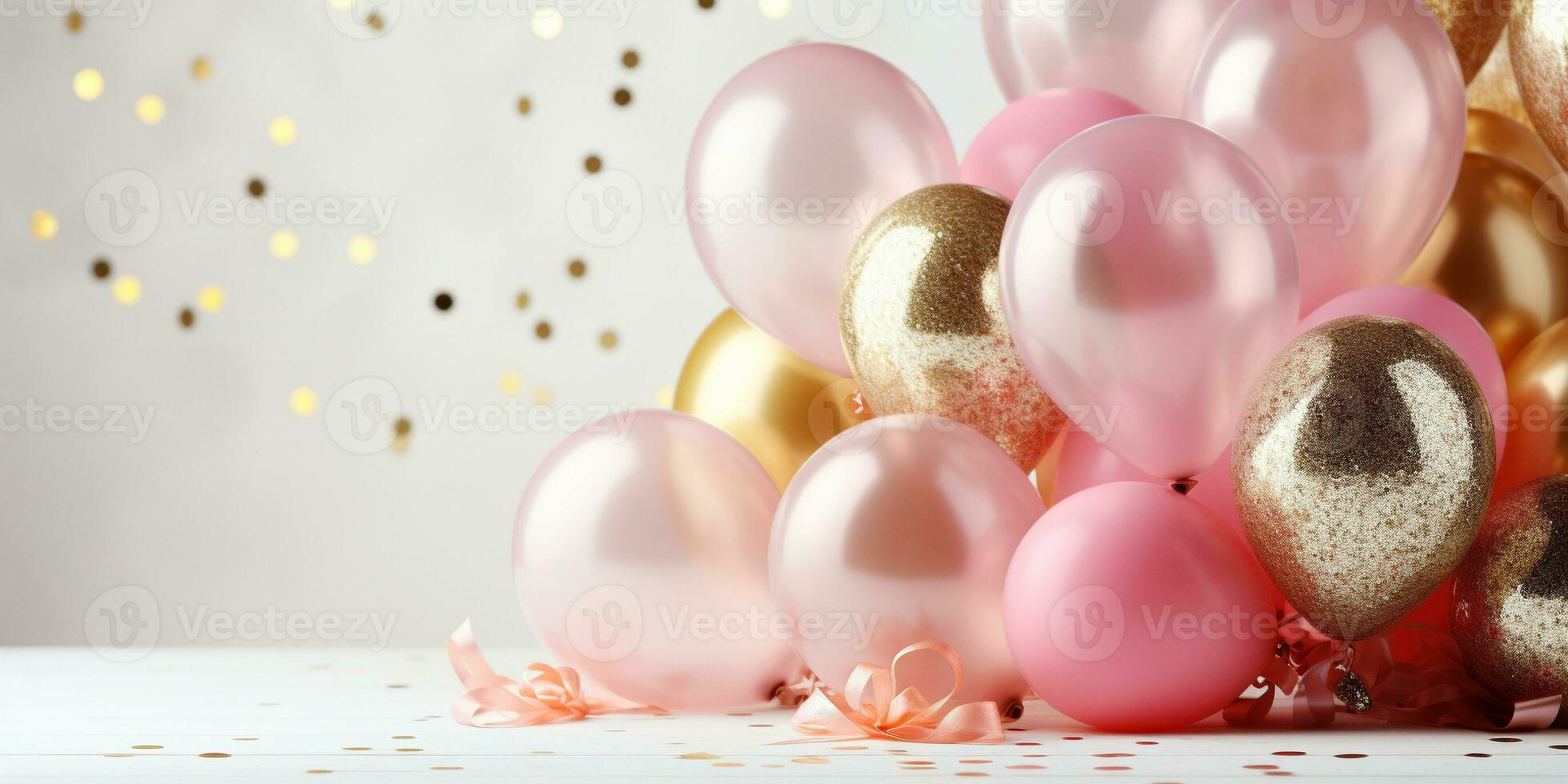 ai generiert Geburtstag Party Banner Rosa und Gold Komposition mit Luftballons, Konfetti, Konzept Geschenkkarte, Kopieren Raum, Weiß Hintergrund foto