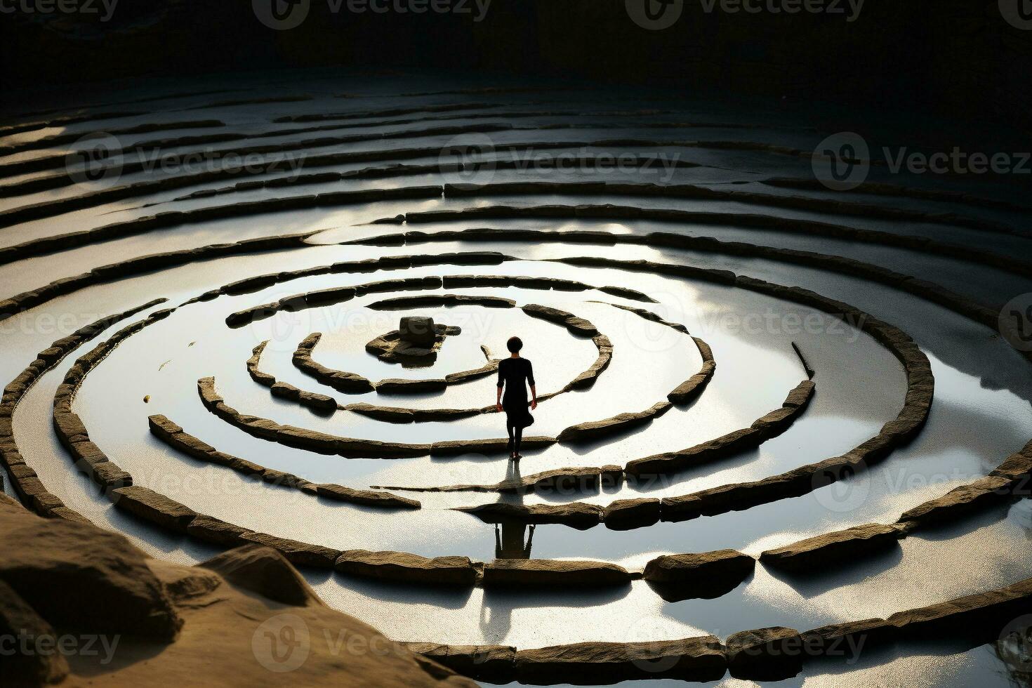 ai generiert ein Person Praktiken Methoden Ausübungen achtsam Gehen entlang ein Labyrinth, Rückverfolgung das Wicklung Pfad mit jeder beraten Schritt auf Hintergrund von Natur foto