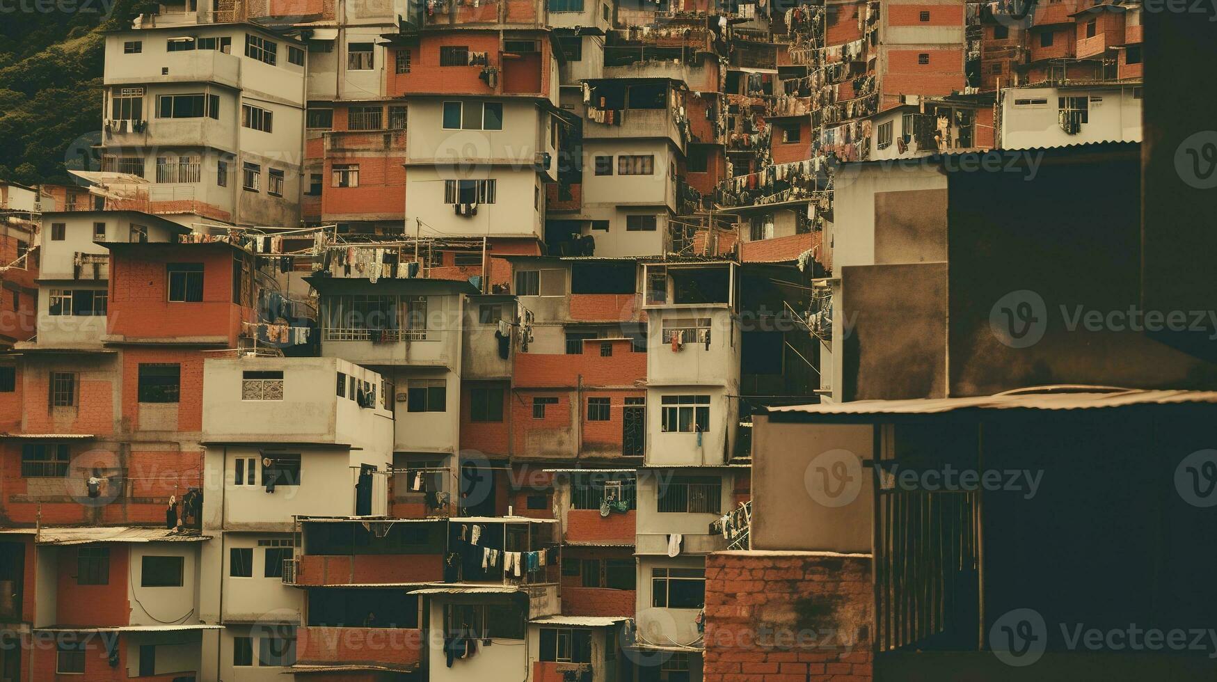 ai generiert generativ ai, Brasilianer Favelas Gemeinschaft, Panorama- Aussicht mit viele Häuser, städtisch Stadt, Dorf Arm Haus Gebäude foto