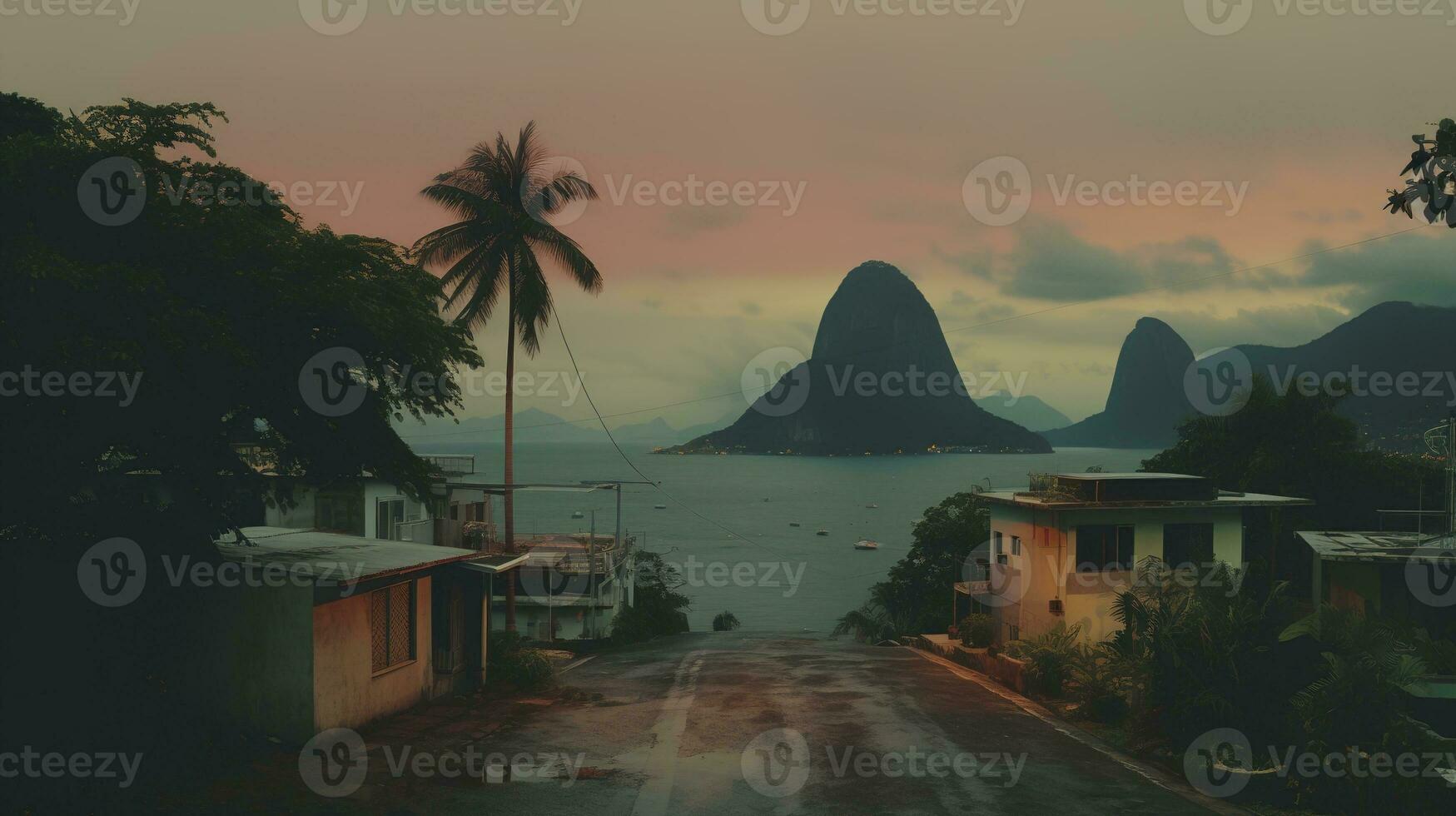 ai generiert generativ ai, Brasilianer Favelas Gemeinschaft, Panorama- Aussicht mit viele Häuser, städtisch Stadt, Dorf Arm Haus Gebäude foto