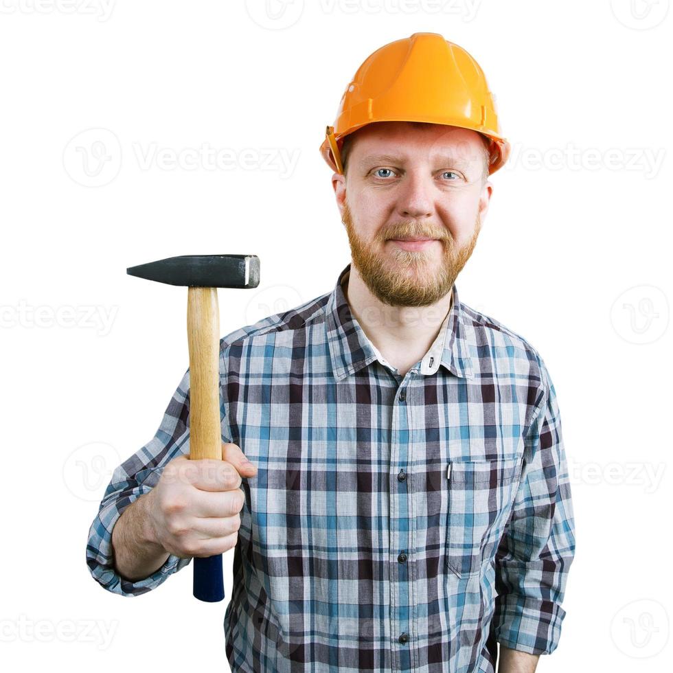 bärtiger Mann im Helm mit Hammer foto