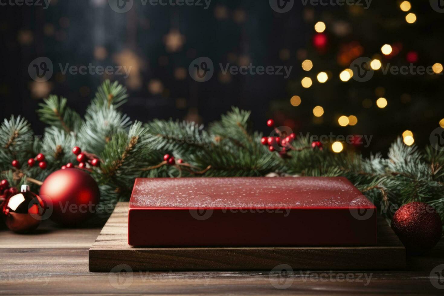 ai generiert Purpur Samt Weihnachten Hintergrund mit ein minimalistisch Porzellan Podium Attrappe, Lehrmodell, Simulation foto