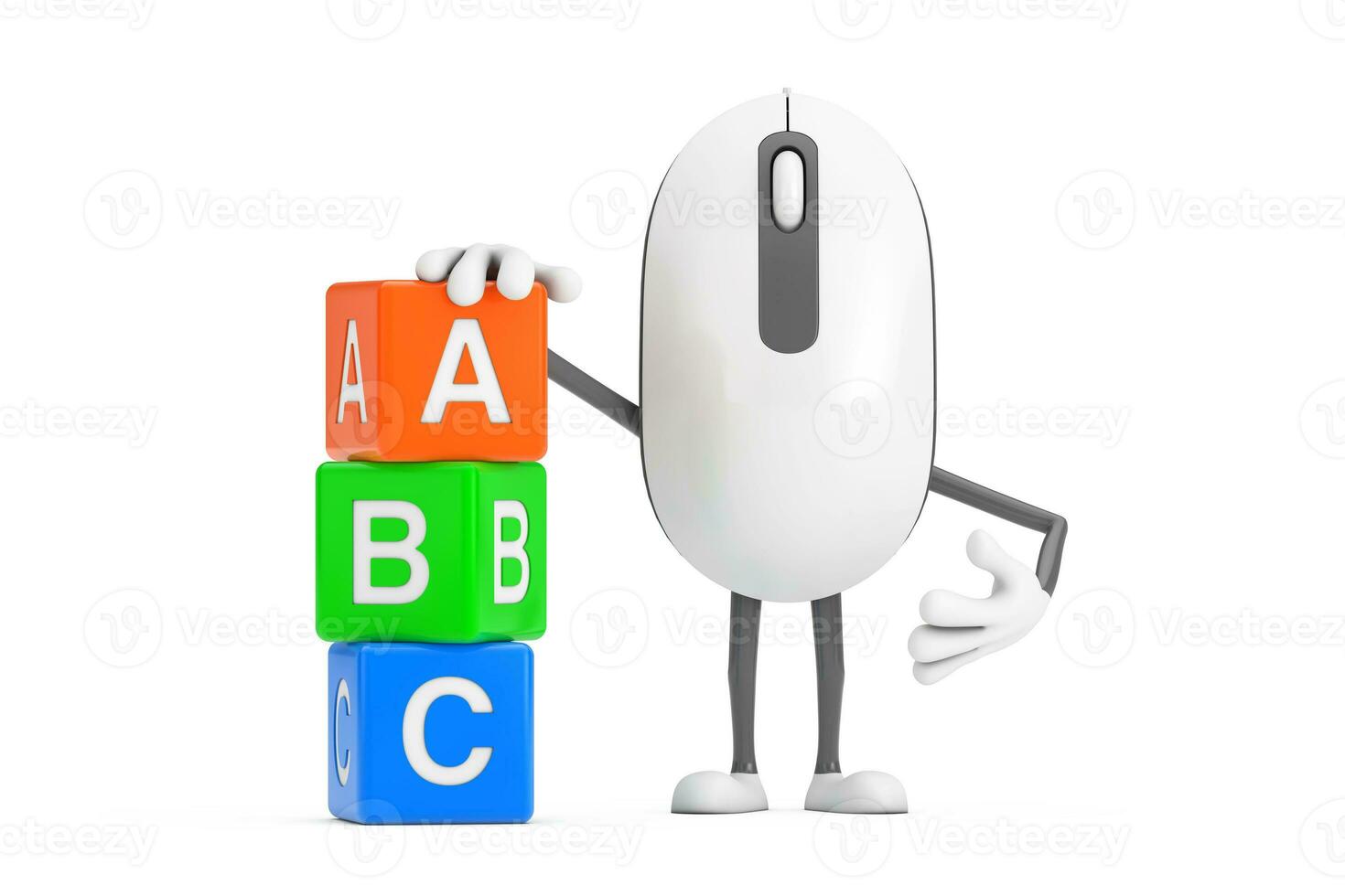 Computer Maus Karikatur Person Charakter Maskottchen mit Alphabet ABC Bildung Würfel. 3d Rendern foto