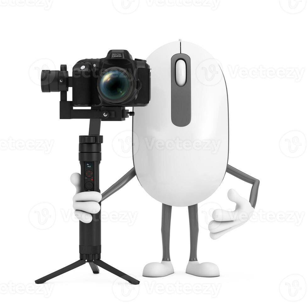 Computer Maus Karikatur Person Charakter Maskottchen mit dslr oder Video Kamera kardanisch Stabilisierung Stativ System. 3d Rendern foto