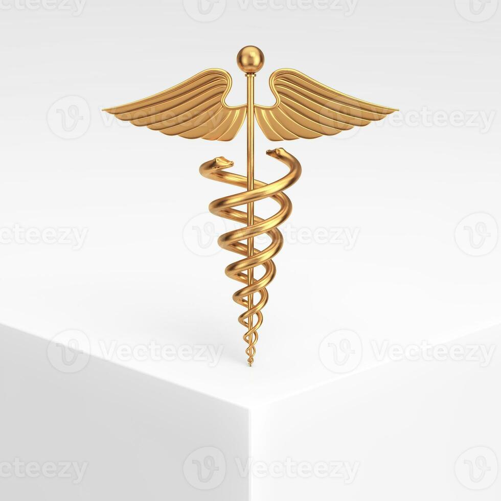 Gold medizinisch Caduceus Symbol auf ein Weiß Produkt Präsentation Podium Würfel. 3d Rendern foto