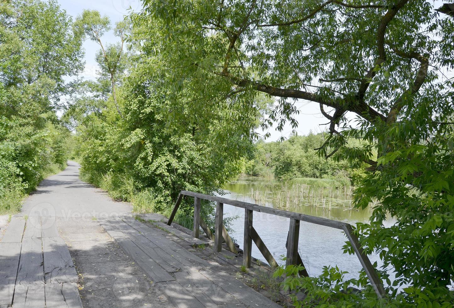 schön stehende alte Holzbrücke über den Fluss in farbigem Hintergrund foto