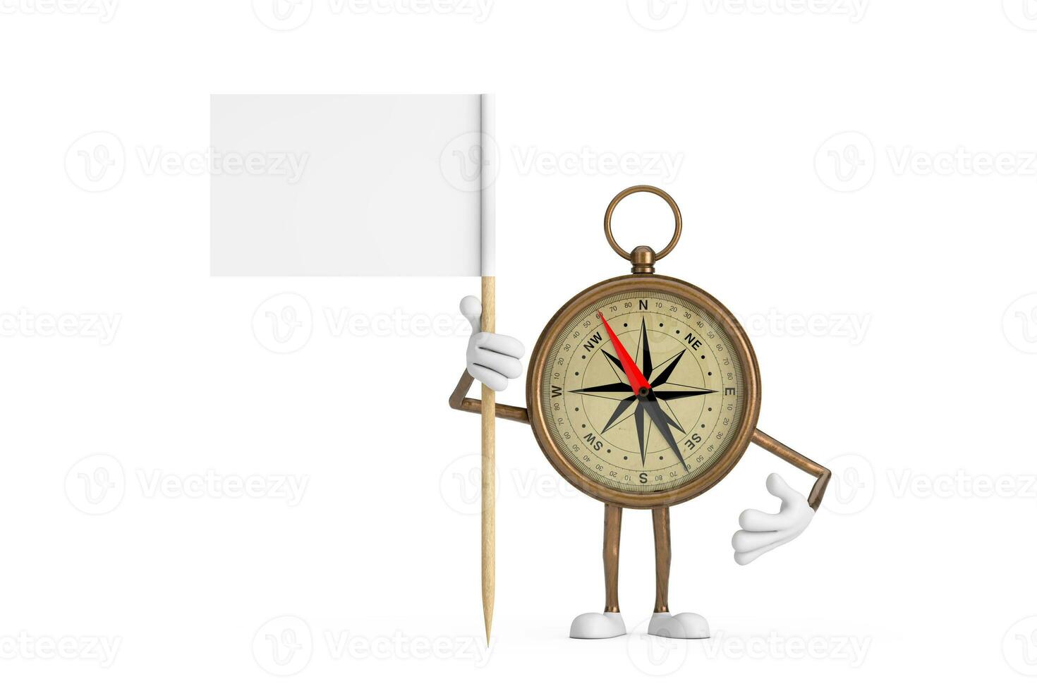 Antiquität Jahrgang Messing- Kompass Karikatur Person Charakter Maskottchen mit Weiß Flagge mit kostenlos Raum zum Ihre Design. 3d Rendern foto