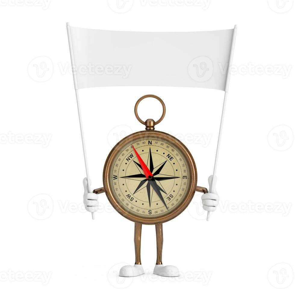 Antiquität Jahrgang Messing- Kompass Karikatur Person Charakter Maskottchen und leeren Weiß leer Banner mit kostenlos Raum zum Ihre Design. 3d Rendern foto