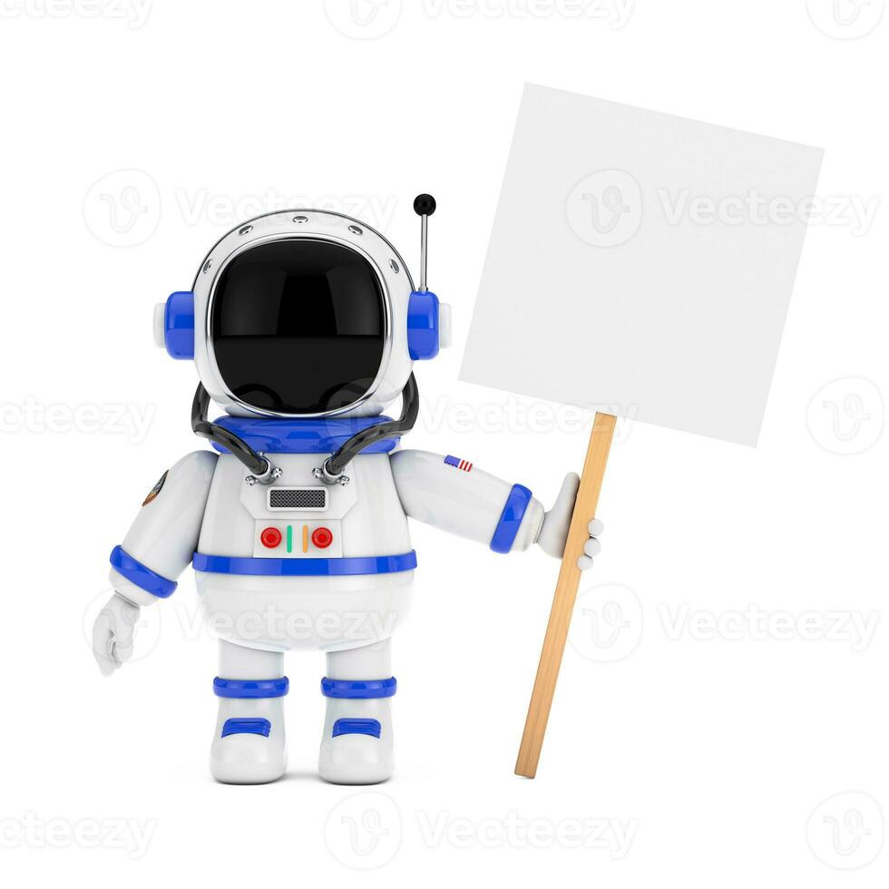 süß Karikatur Maskottchen Astronaut Charakter Person halten ein leer Banner mit kostenlos Raum zum Ihre Design. 3d Rendern foto