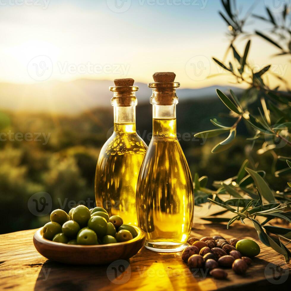 ai generiert golden Olive Öl Flaschen mit Oliven Blätter und Obst foto