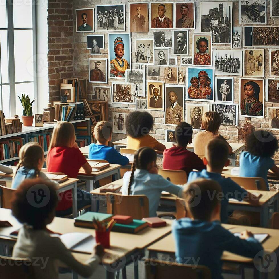 ai generiert ein lehrreich Rahmen mit vielfältig Studenten von verschiedene Abfahrten Lernen Über schwarz Geschichte foto