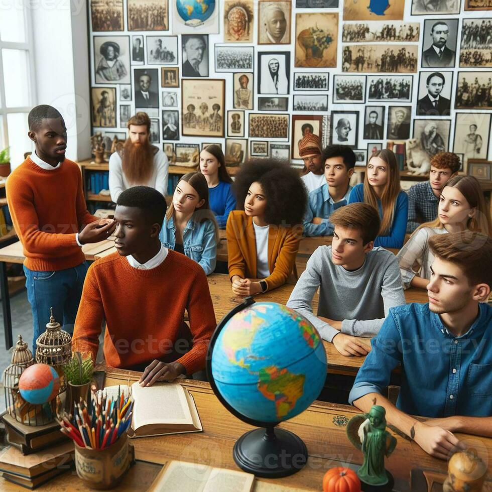 ai generiert ein lehrreich Rahmen mit vielfältig Studenten von verschiedene Abfahrten Lernen Über schwarz Geschichte foto