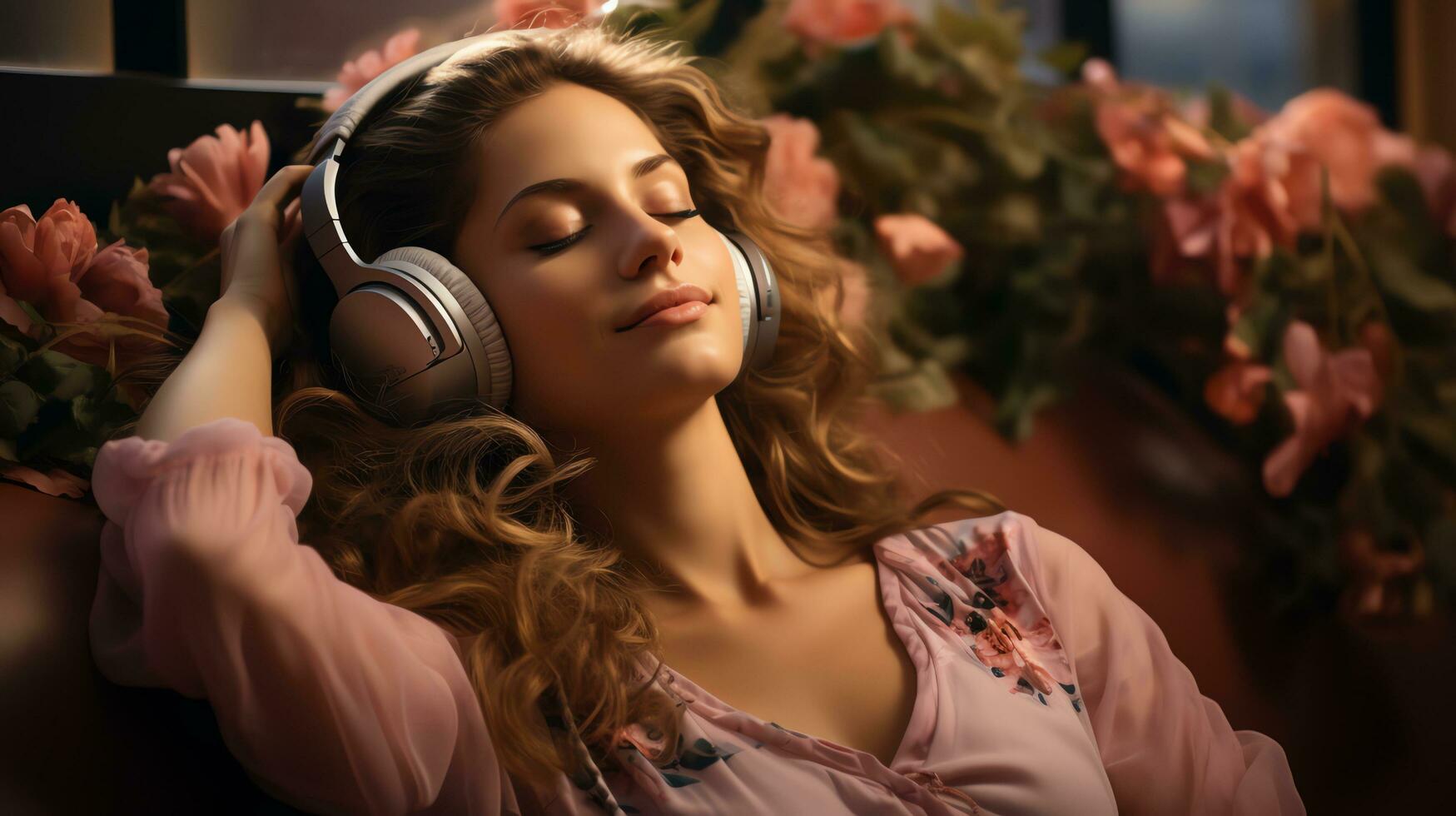 ai generiert ruhig jung Frau tragen Kopfhörer Hören zu Musik- mit Augen geschlossen, gelehnt zurück auf ein komfortabel Sofa beim heim. genießen ihr Liebling Lieder. generieren ai foto