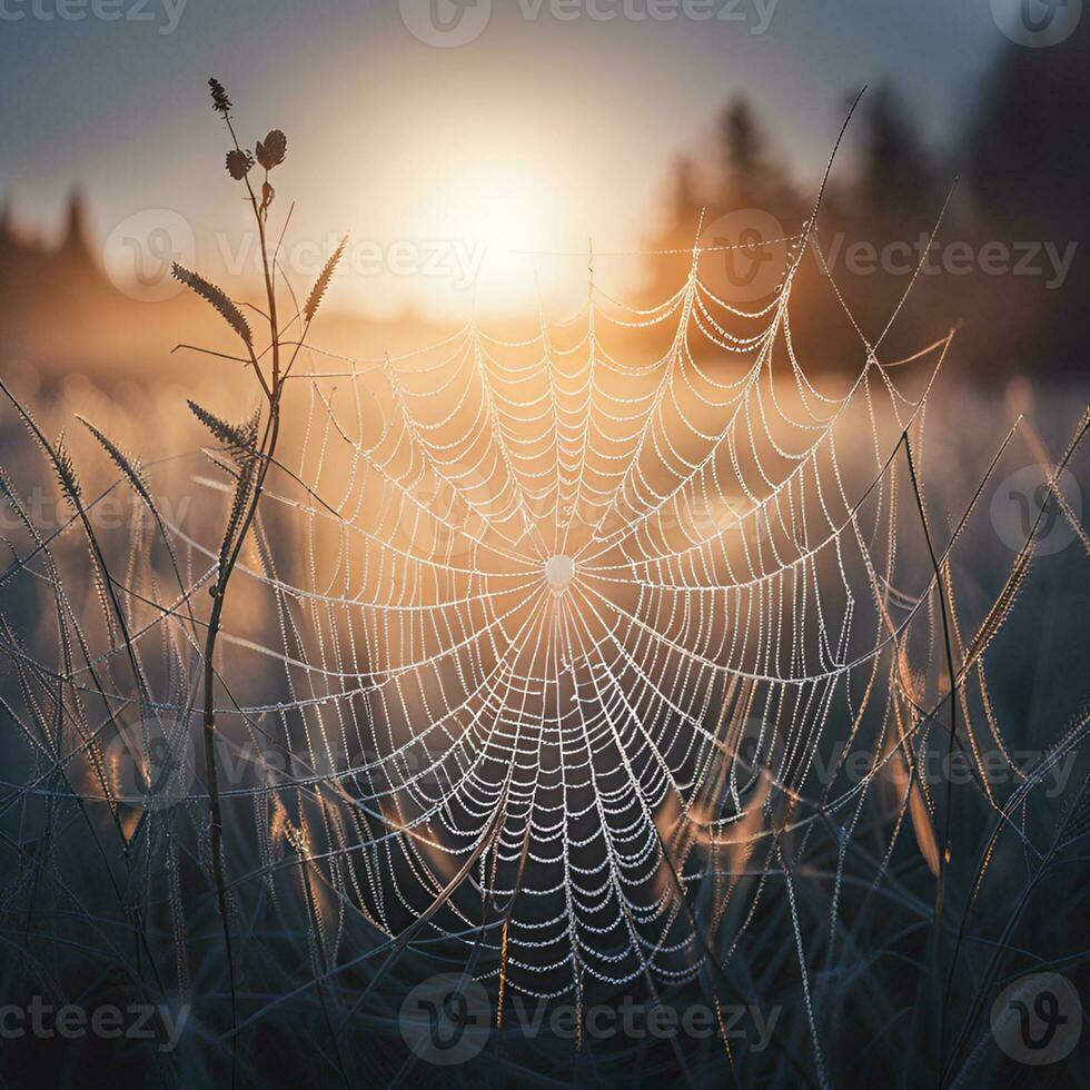 ai generiert Spinne Netz mit gefroren Tau Tropfen beim Sonnenuntergang. foto