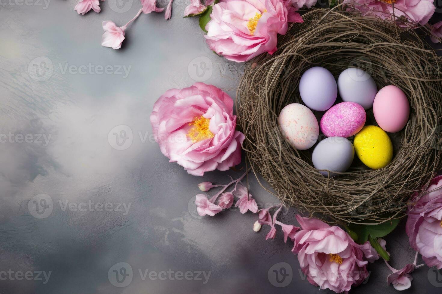 ai generiert Ostern Landschaft. horizontal Banner mit ein süß Ostern Hase auf ein Blume Wiese mit farbig Eier. Karikatur Stil. ai generiert Illustration. foto