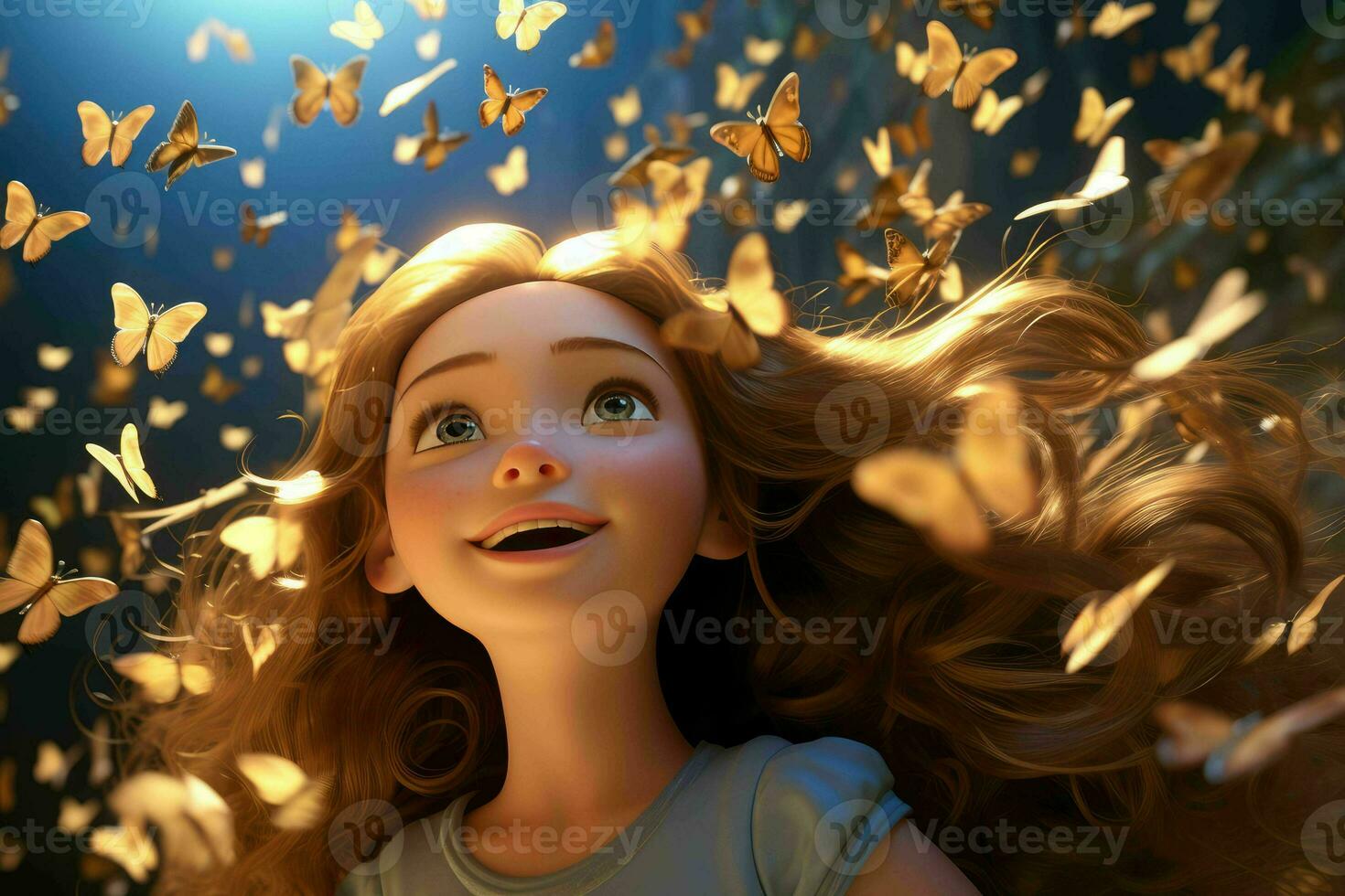 ai generiert Karikatur Stil glücklich Mädchen umgeben mit Schmetterlinge foto