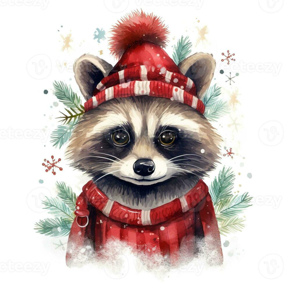 ai generiert generativ ai, süß Waschbär Tier, Haustier im Weihnachten Hut und hässlich Pullover, Aquarell Stil. foto