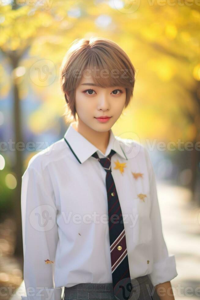 ai generiert ein Herrlich jung japanisch hoch Schule Schüler Mädchen mit kurz Haar im ein Schule Uniform draußen foto