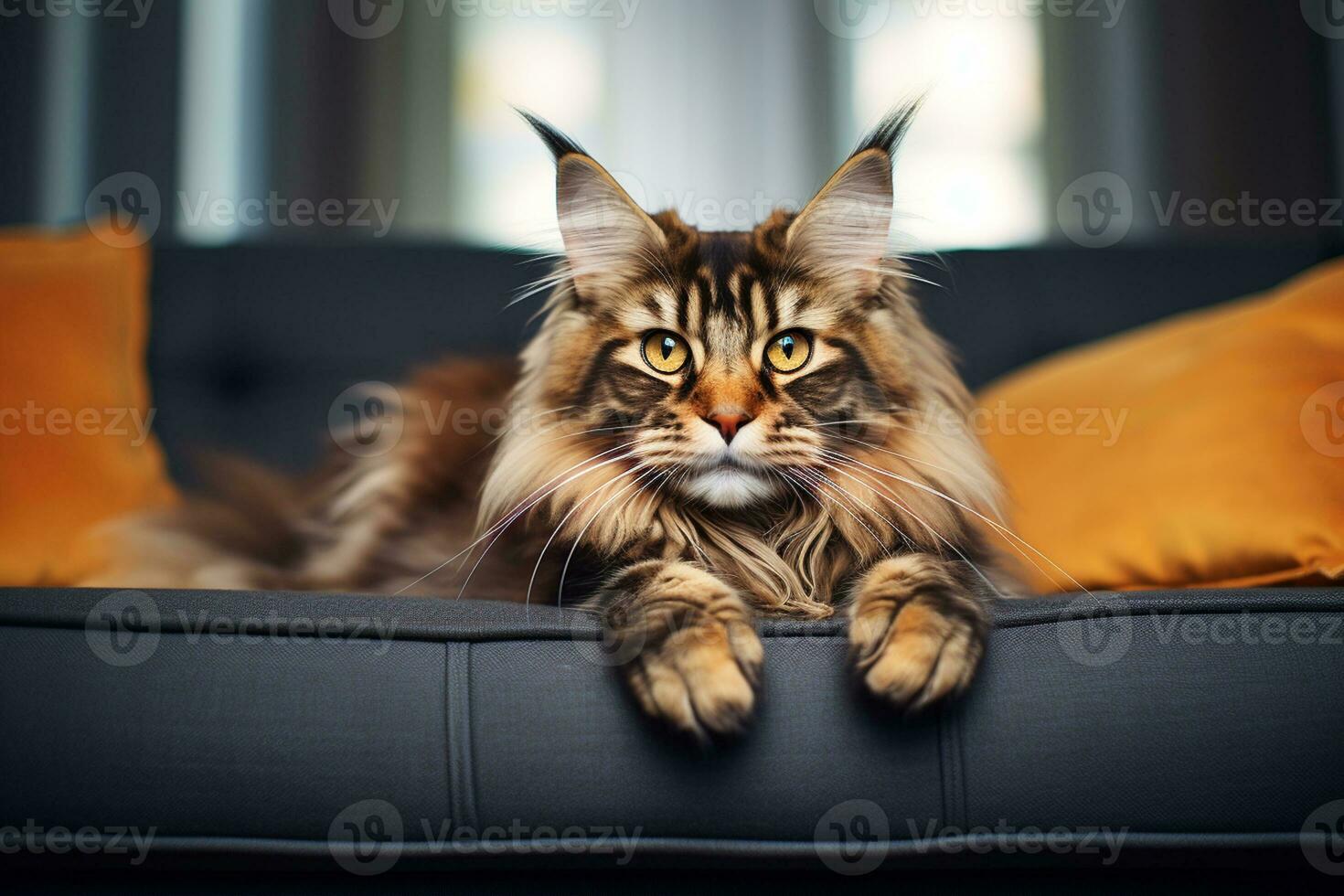 ai generiert ein Maine Waschbär Katze ist Sitzung auf ein Couch foto