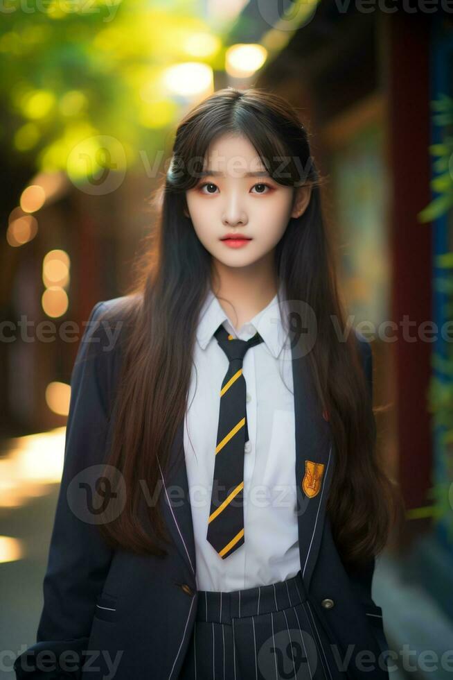 ai generiert ein jung Chinesisch hoch Schule Schüler Mädchen im ein Schule Uniform posieren zum ein Foto