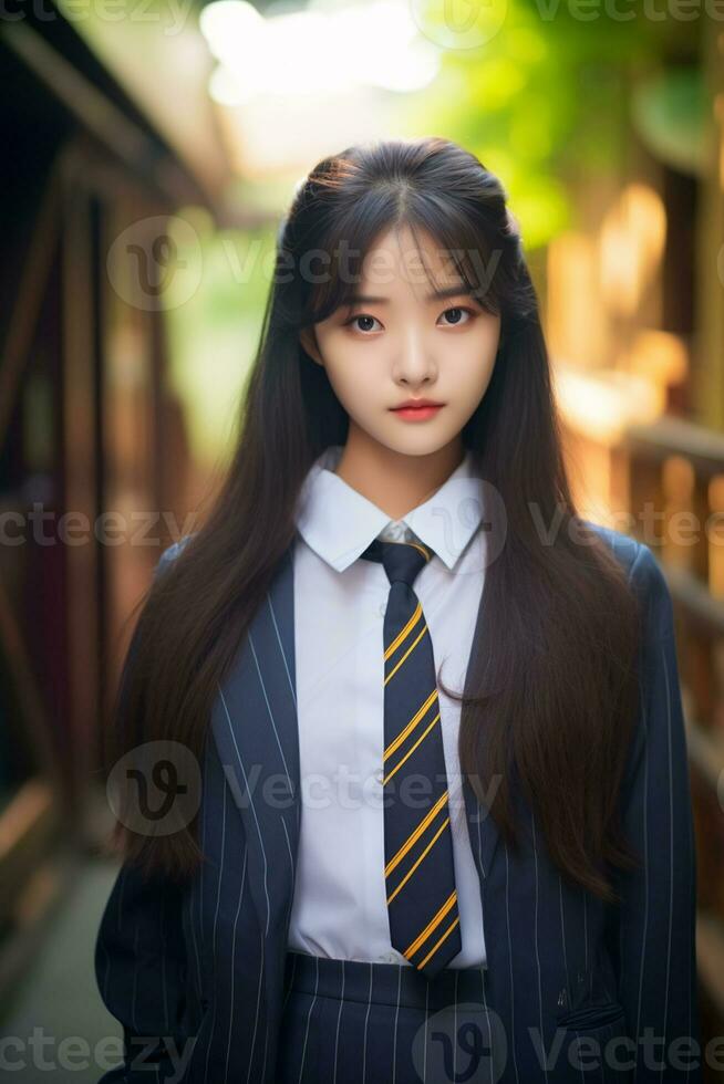 ai generiert ein jung Chinesisch hoch Schule Schüler Mädchen im ein Schule Uniform posieren zum ein Foto